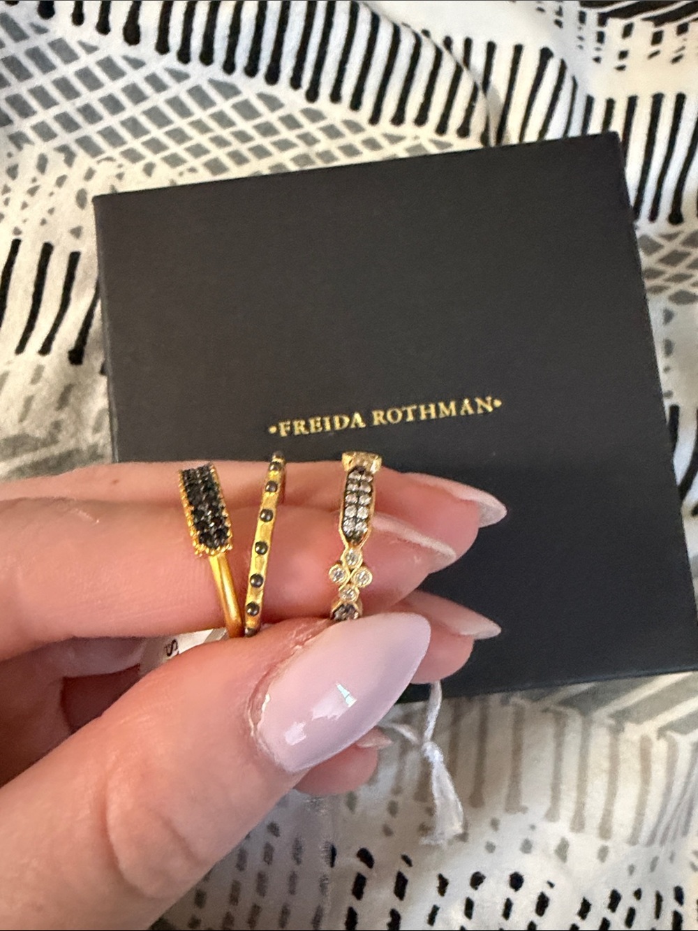 Freida Rothman Gold and Black Pavé Stackable Ring Set